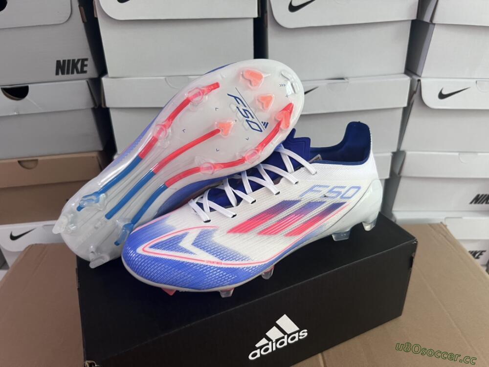 Men's Adidas F50 Adizero FG Firm Ground Low-Tops Football Boots - White/Blue/Pink