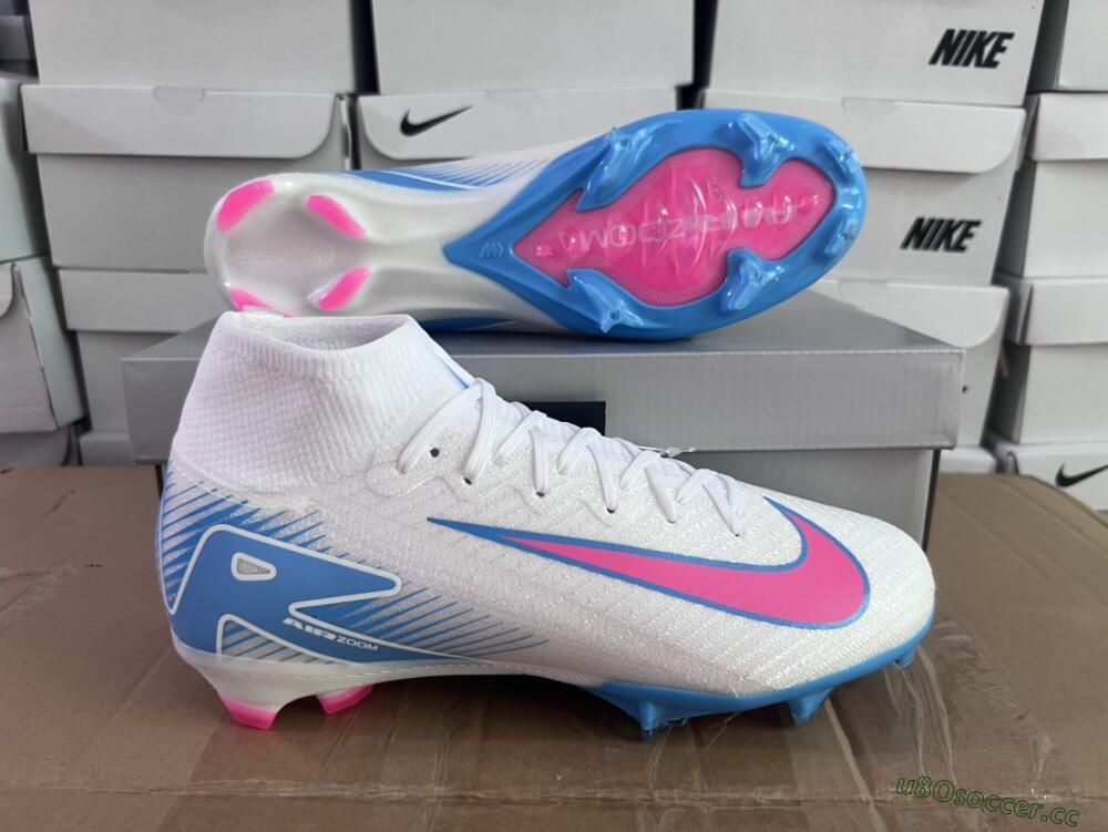Unisex Nike Air Zoom Mercurial Superfly 10 Elite FG Firm Ground High-Tops Football Boots - White/Pink/Blue