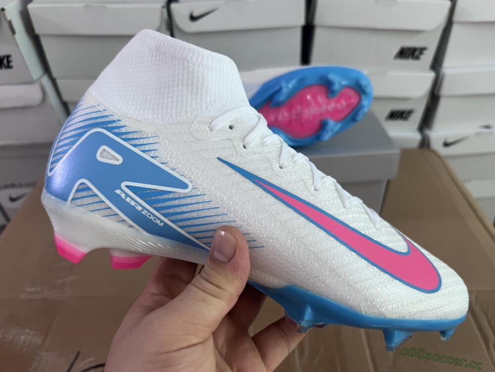 Unisex Nike Air Zoom Mercurial Superfly 10 Elite FG Firm Ground High-Tops Football Boots - White/Pink/Blue