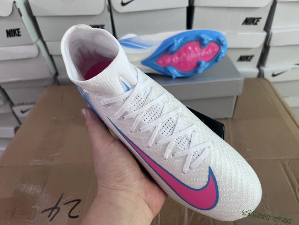 Unisex Nike Air Zoom Mercurial Superfly 10 Elite FG Firm Ground High-Tops Football Boots - White/Pink/Blue