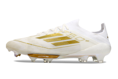 Men's Adidas F50+ Lightstrike Pro FG Firm Ground Low-Tops Football Boots - Cloud White/Gold Metallic/Cloud White