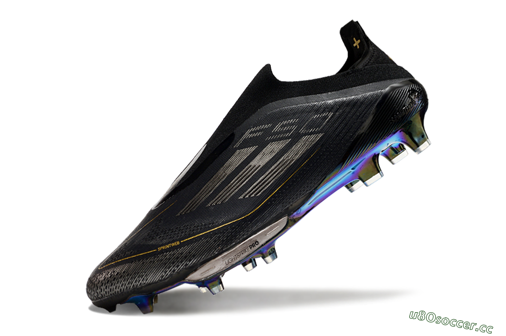 Men's Adidas F50+ Lightstrike Pro Laceless FG Firm Ground Low-Tops Football Boots - Core Black/Iron Metallic/Gold Metallic 5