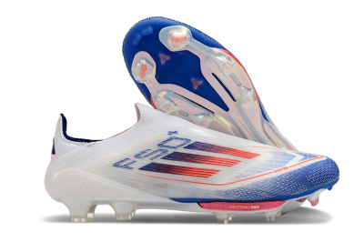 Men's Adidas F50+ Lightstrike Pro Laceless FG Firm Ground Low-Tops Football Boots - Cloud White/Solar Red/Lucid Blue