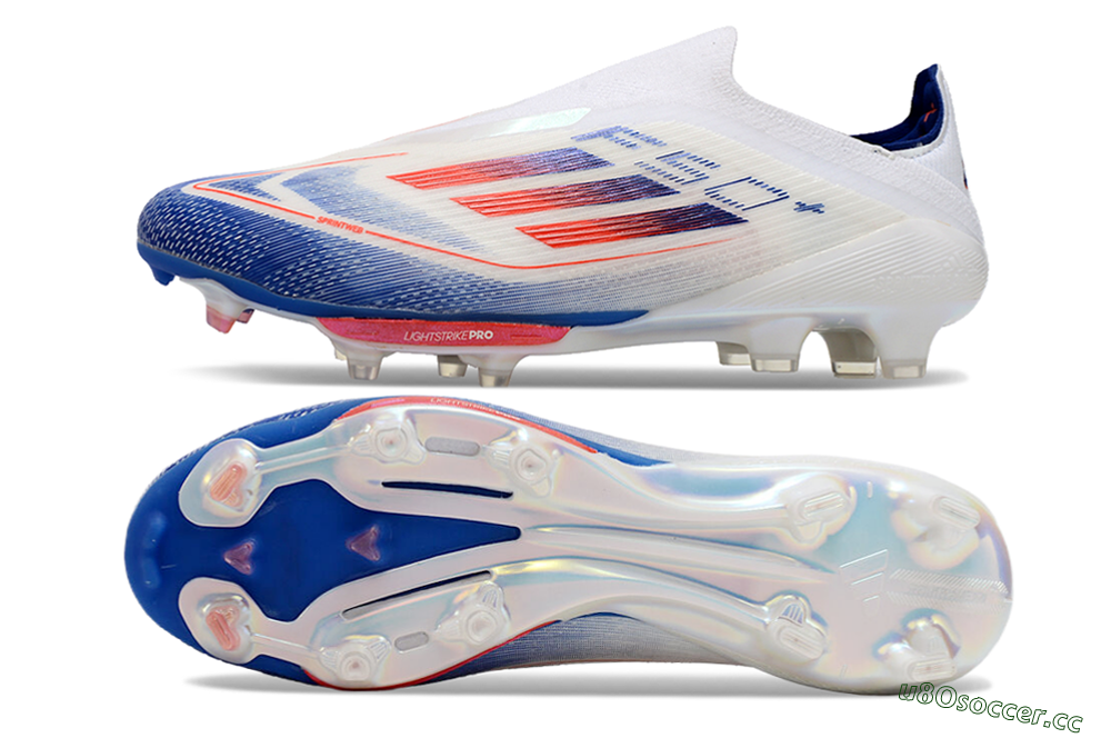 Men's Adidas F50+ Lightstrike Pro Laceless FG Firm Ground Low-Tops Football Boots - Cloud White/Solar Red/Lucid Blue 1