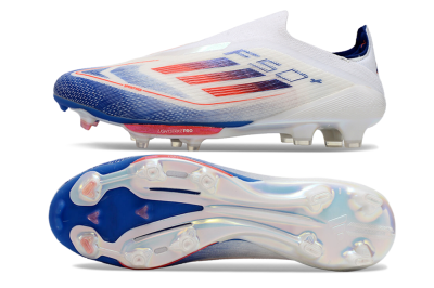 Men's Adidas F50+ Lightstrike Pro Laceless FG Firm Ground Low-Tops Football Boots - Cloud White/Solar Red/Lucid Blue