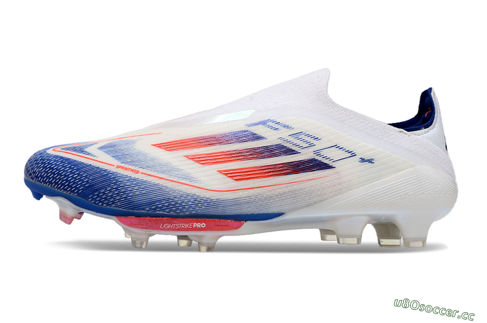Men's Adidas F50+ Lightstrike Pro Laceless FG Firm Ground Low-Tops Football Boots - Cloud White/Solar Red/Lucid Blue 0