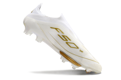 Men's Adidas F50+ Lightstrike Pro Laceless FG Firm Ground Low-Tops Football Boots - Cloud White/Gold Metallic/Cloud White