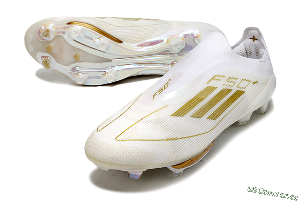 Men's Adidas F50+ Lightstrike Pro Laceless FG Firm Ground Low-Tops Football Boots - Cloud White/Gold Metallic/Cloud White 0