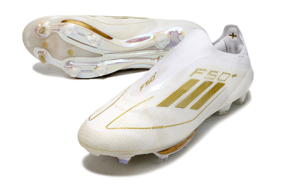 Men's Adidas F50+ Lightstrike Pro Laceless FG Firm Ground Low-Tops Football Boots - Cloud White/Gold Metallic/Cloud White