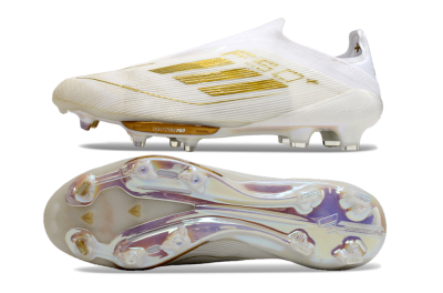 Men's Adidas F50+ Lightstrike Pro Laceless FG Firm Ground Low-Tops Football Boots - Cloud White/Gold Metallic/Cloud White