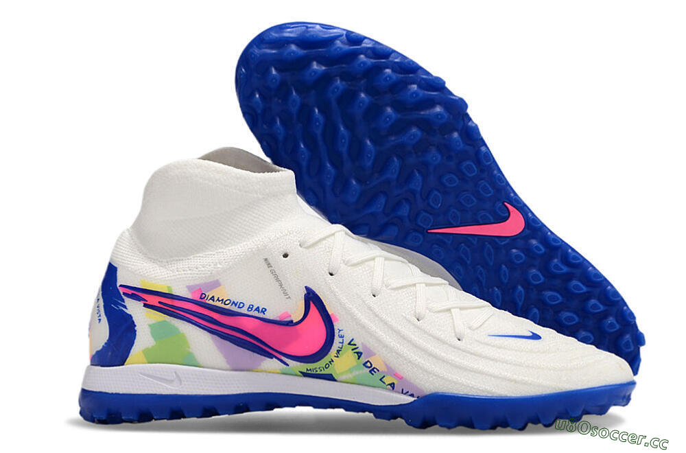 Men's Nike Phantom Luna Elite TF Artificial Turf High-Tops Football Shoes - White/Pink/Blue 2