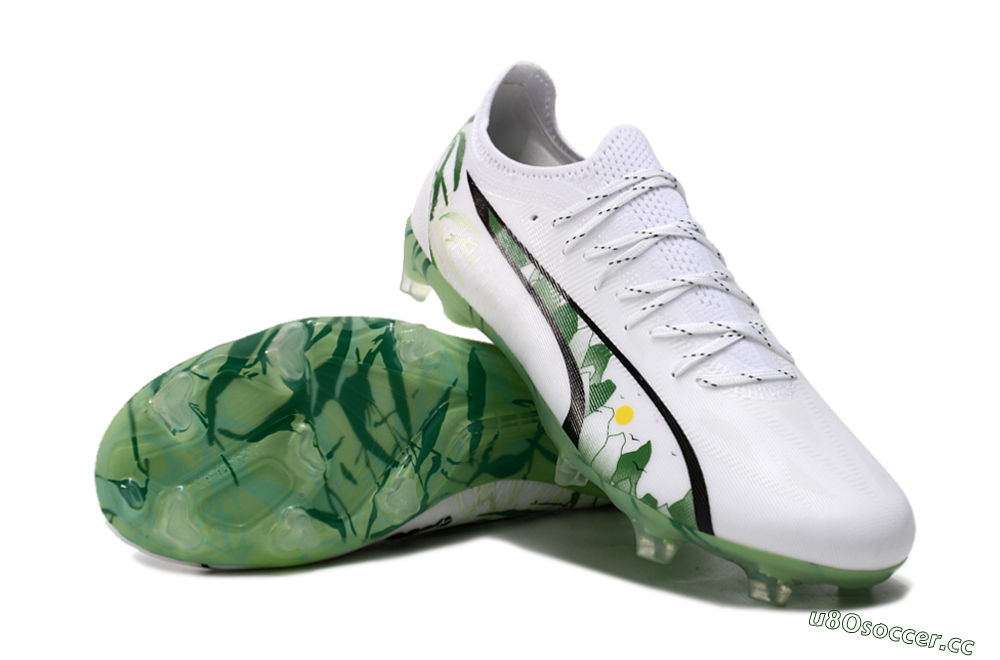 Men's Puma Ultra Ultimate FG Firm Ground Low-Tops Football Boots - White/Black/Green 0