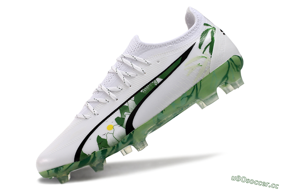 Men's Puma Ultra Ultimate FG Firm Ground Low-Tops Football Boots - White/Black/Green 5