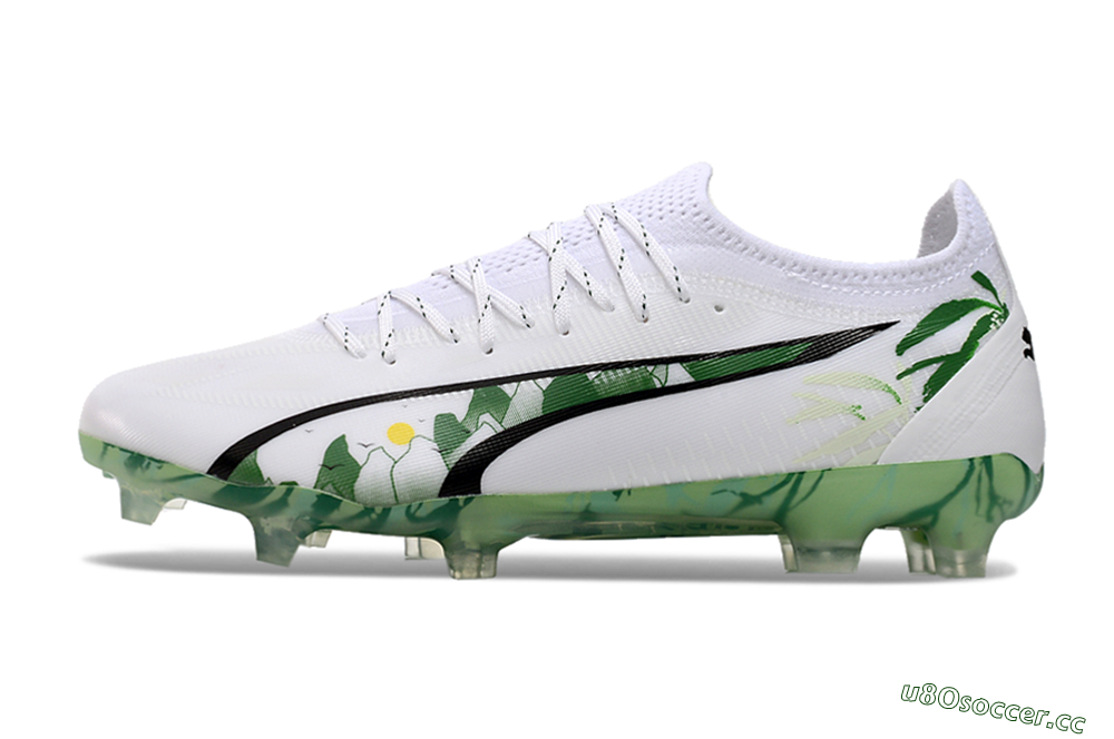Men's Puma Ultra Ultimate FG Firm Ground Low-Tops Football Boots - White/Black/Green 3