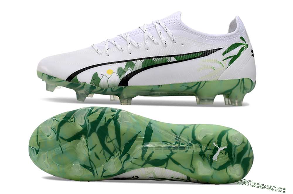 Men's Puma Ultra Ultimate FG Firm Ground Low-Tops Football Boots - White/Black/Green 1