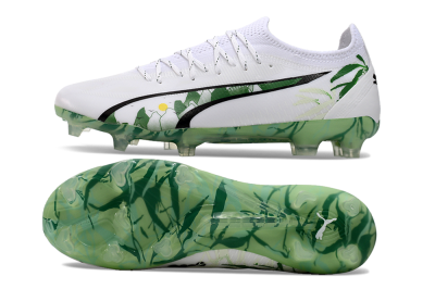 Men's Puma Ultra Ultimate FG Firm Ground Low-Tops Football Boots - White/Black/Green