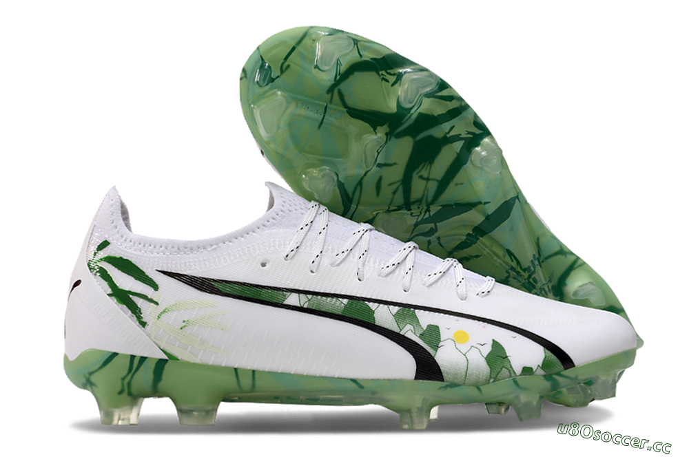 Men's Puma Ultra Ultimate FG Firm Ground Low-Tops Football Boots - White/Black/Green 2