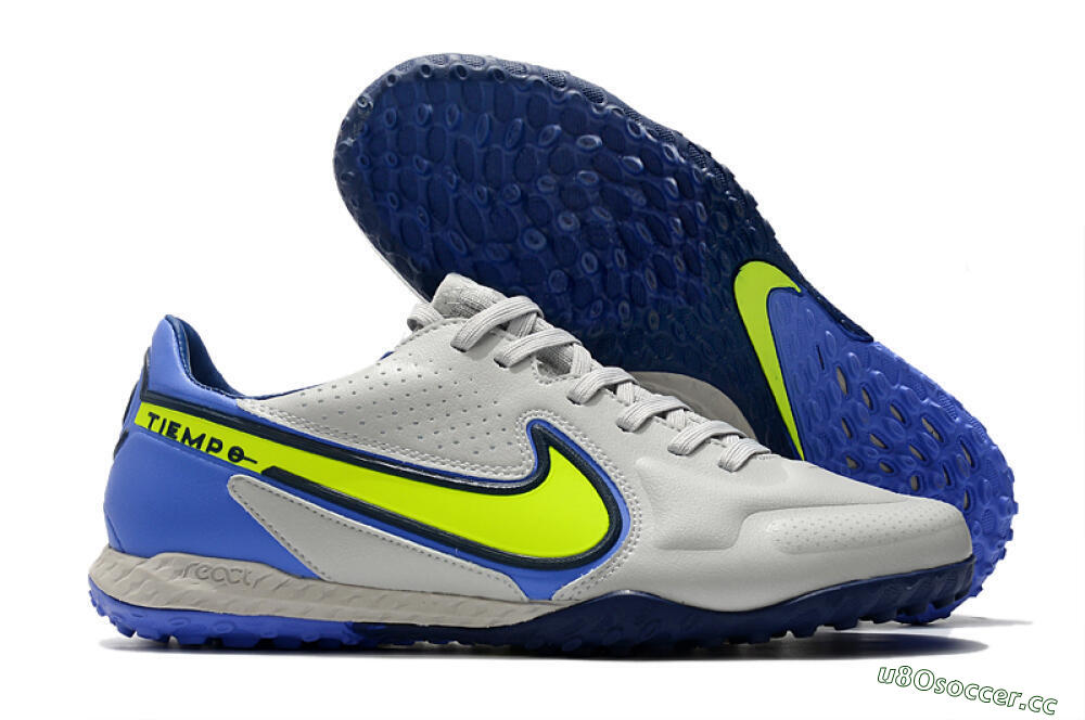 Men's Nike React Tiempo Legend 9 Pro TF Artificial Turf Low-Tops Football Shoes - Grey/Yellow/Blue 2