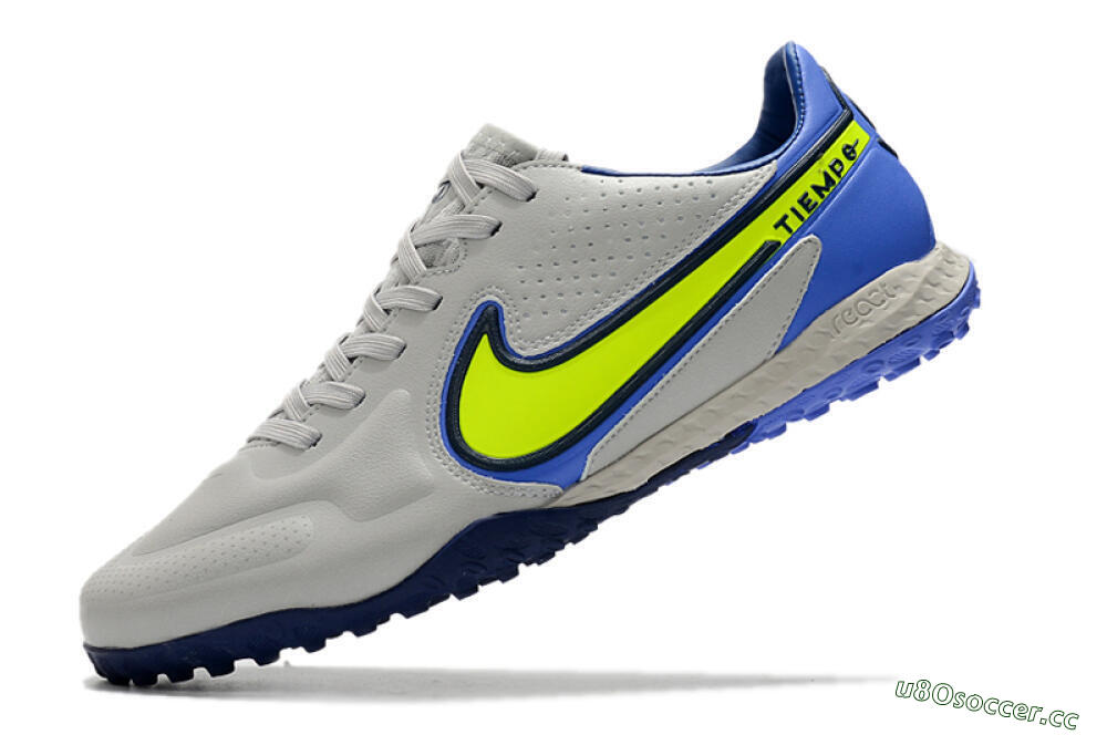 Men's Nike React Tiempo Legend 9 Pro TF Artificial Turf Low-Tops Football Shoes - Grey/Yellow/Blue 5