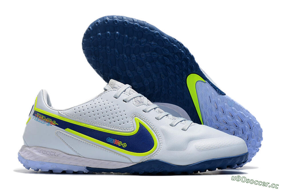 Men's Nike React Tiempo Legend 9 Pro TF Artificial Turf Low-Tops Football Shoes - Jade/Yellow/Blue 2