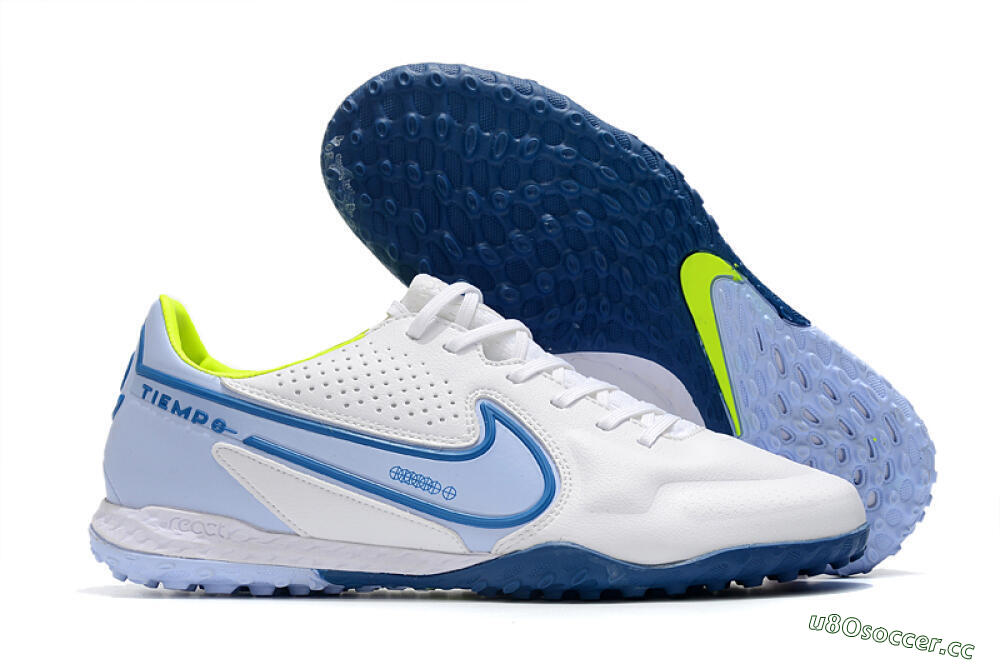 Men's Nike React Tiempo Legend 9 Pro TF Artificial Turf Low-Tops Football Shoes - White/Blue/Yellow 2