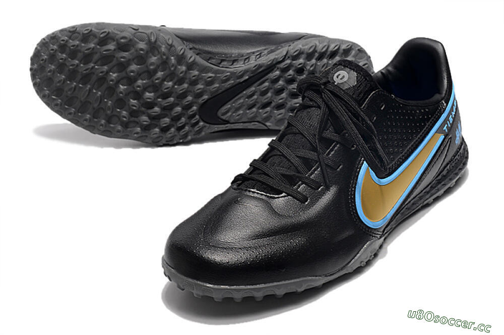 Men's Nike React Tiempo Legend 9 Pro TF Artificial Turf Low-Tops Football Shoes - Black/Gold/Blue 3