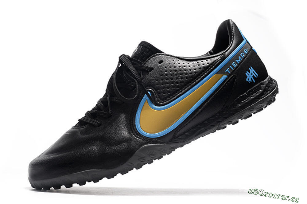Men's Nike React Tiempo Legend 9 Pro TF Artificial Turf Low-Tops Football Shoes - Black/Gold/Blue 5