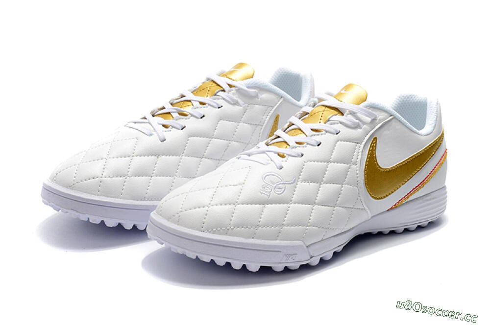 Men's Nike Tiempox Finale 10R TF Artificial Turf Low-Tops Football Shoes - White/Gold/Red 5