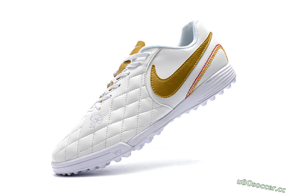 Men's Nike Tiempox Finale 10R TF Artificial Turf Low-Tops Football Shoes - White/Gold/Red 8