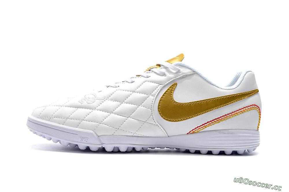 Men's Nike Tiempox Finale 10R TF Artificial Turf Low-Tops Football Shoes - White/Gold/Red 0