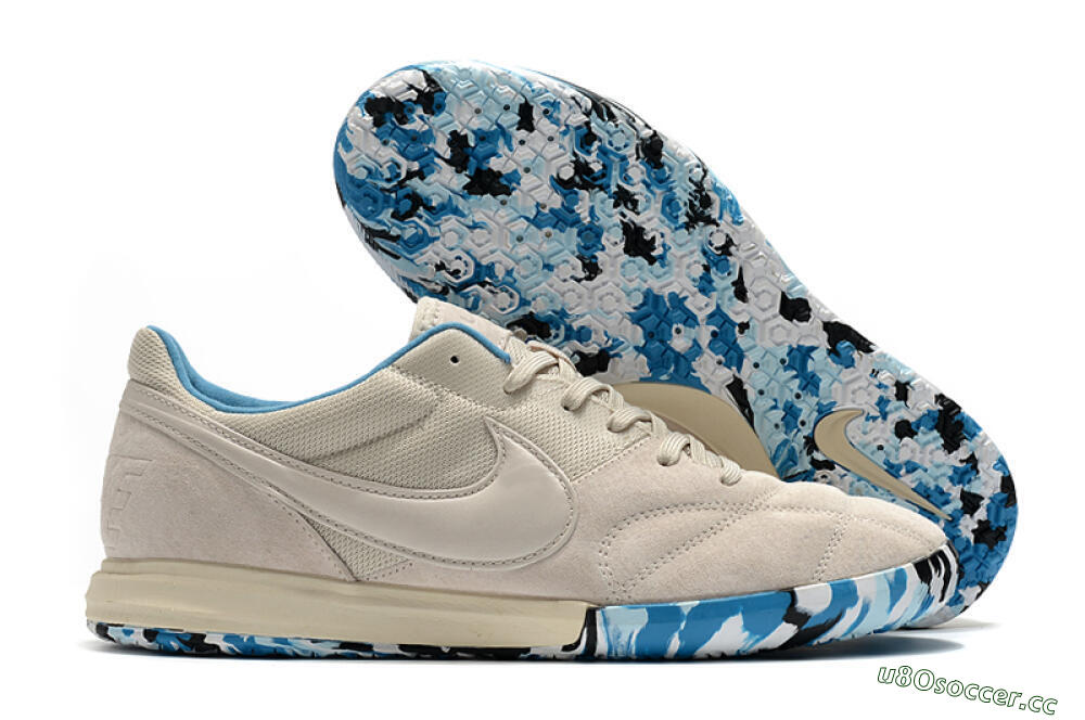 Men's Nike Premier 2 Sala IC Indoor & Futsal Low-Tops Football Shoes - Beige/White/Blue 2