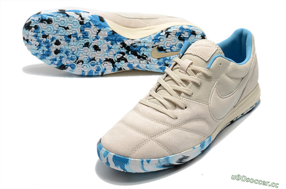 Men's Nike Premier 2 Sala IC Indoor & Futsal Low-Tops Football Shoes - Beige/White/Blue 3