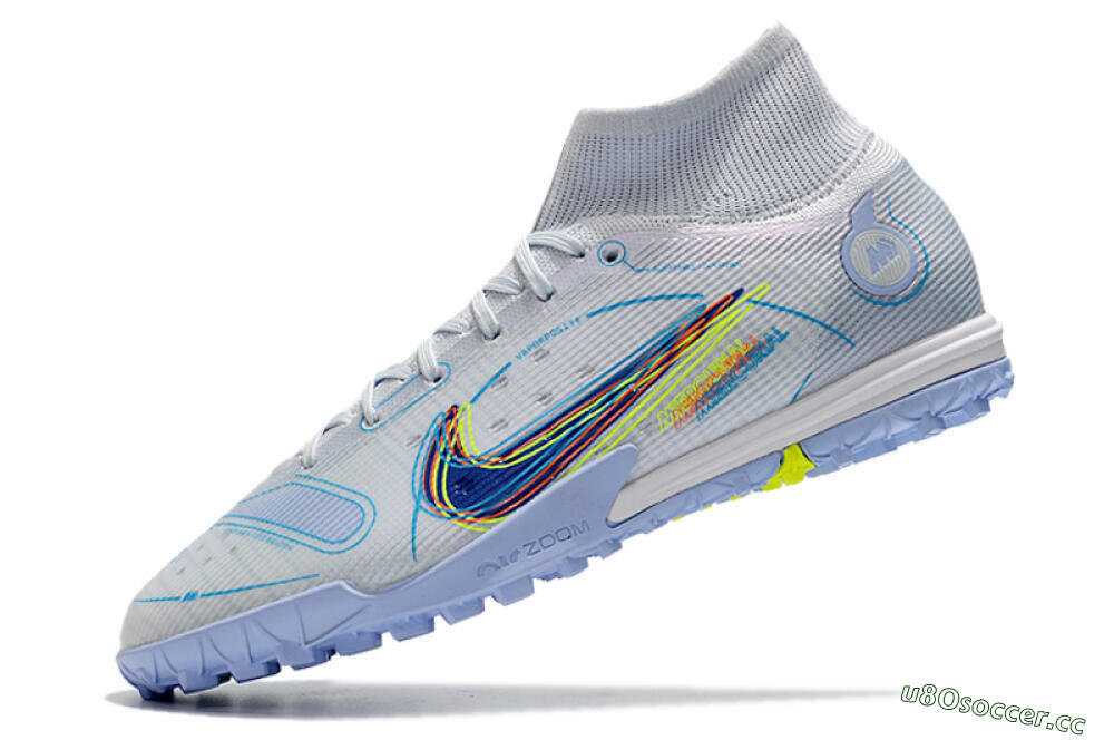 Men's Nike Mercurial Superfly 8 Elite TF Artificial Turf High-Tops Football Shoes - White/Blue/Yellow 5