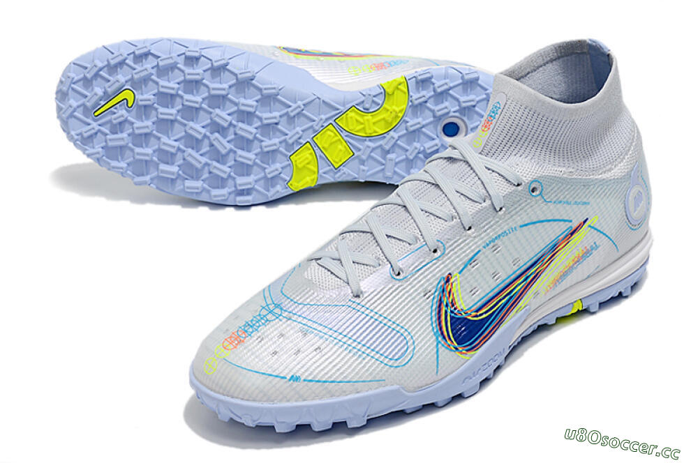 Men's Nike Mercurial Superfly 8 Elite TF Artificial Turf High-Tops Football Shoes - White/Blue/Yellow 3