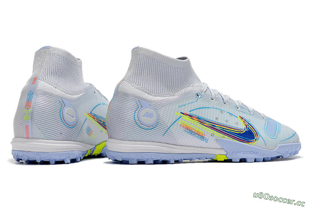 Men's Nike Mercurial Superfly 8 Elite TF Artificial Turf High-Tops Football Shoes - White/Blue/Yellow 6