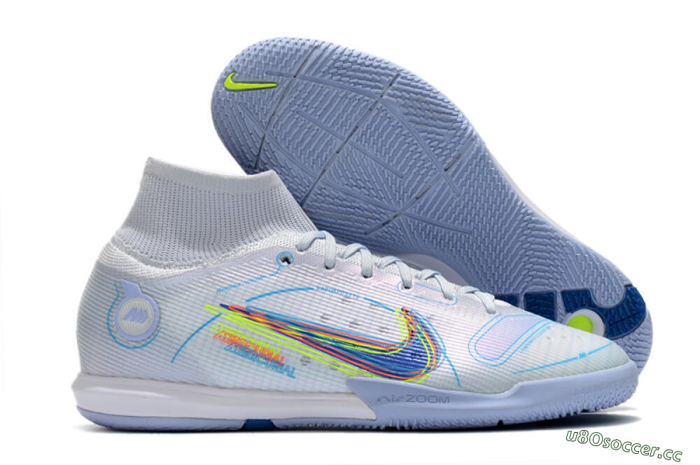 Men's Nike Mercurial Superfly 8 Elite IC Indoor & Futsal High-Tops Football Shoes - White/Blue/Yellow 2