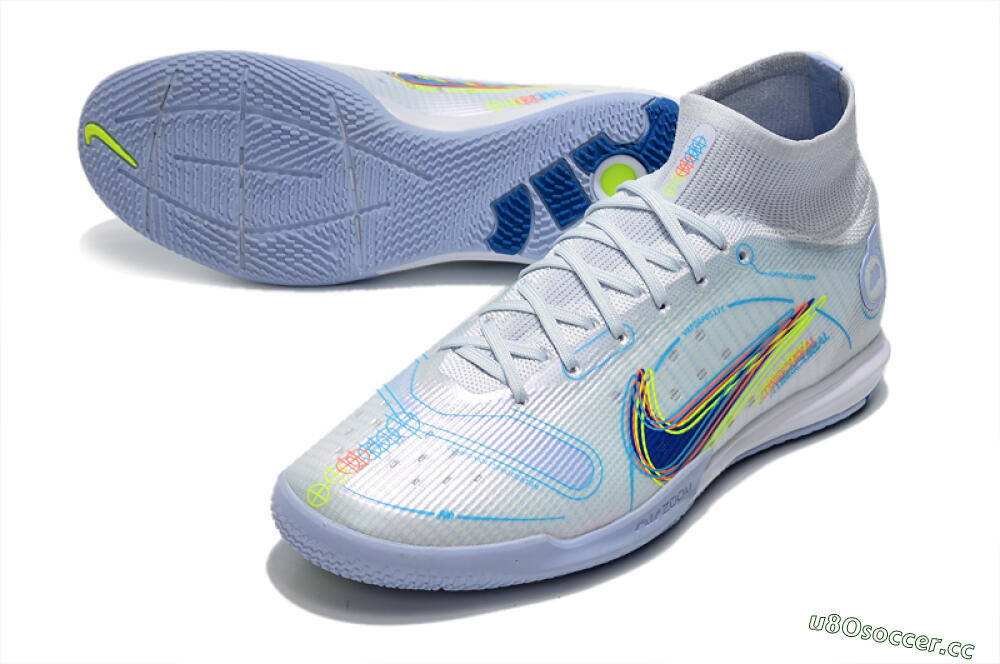 Men's Nike Mercurial Superfly 8 Elite IC Indoor & Futsal High-Tops Football Shoes - White/Blue/Yellow 3