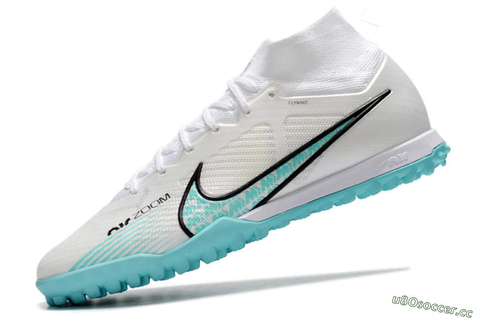 Men's Nike Air Zoom Mercurial Superfly 9 Elite TF Artificial Turf High-Tops Football Shoes - White/Jade/Black 5