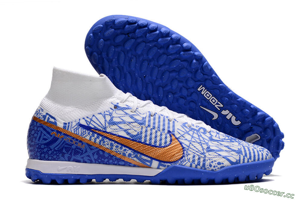 Men's Nike Air Zoom Mercurial Superfly 9 Elite TF Artificial Turf High-Tops Football Shoes - Blue/White/Gold 2