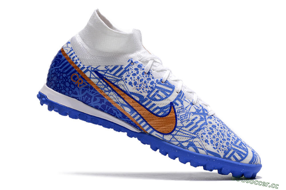 Men's Nike Air Zoom Mercurial Superfly 9 Elite TF Artificial Turf High-Tops Football Shoes - Blue/White/Gold 4