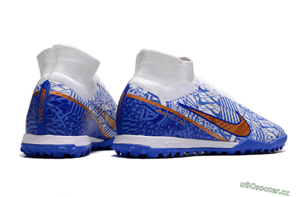 Men's Nike Air Zoom Mercurial Superfly 9 Elite TF Artificial Turf High-Tops Football Shoes - Blue/White/Gold 6