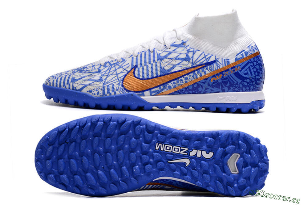Men's Nike Air Zoom Mercurial Superfly 9 Elite TF Artificial Turf High-Tops Football Shoes - Blue/White/Gold 1