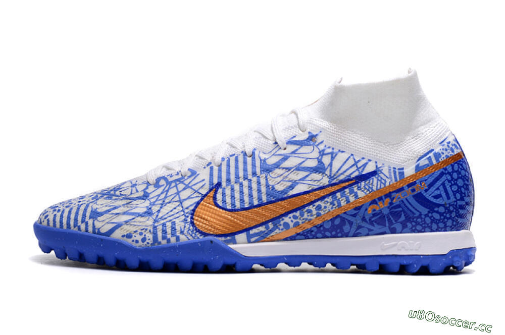 Men's Nike Air Zoom Mercurial Superfly 9 Elite TF Artificial Turf High-Tops Football Shoes - Blue/White/Gold 0