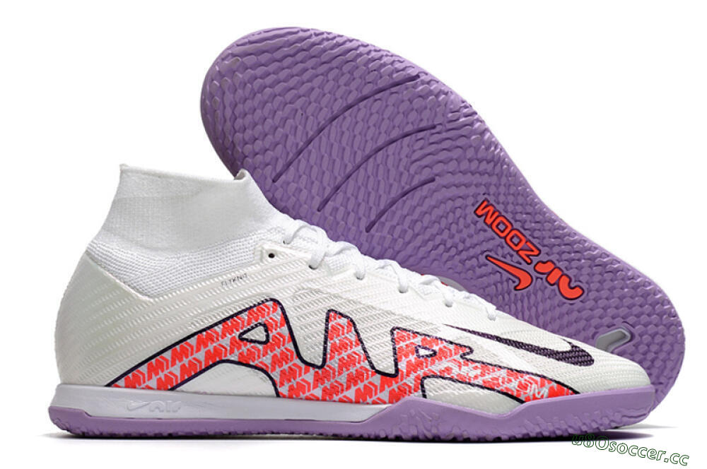 Men's Nike Air Zoom Mercurial Superfly 9 Elite IC Indoor & Futsal High-Tops Football Shoes - White/Black/Red/Purple 2