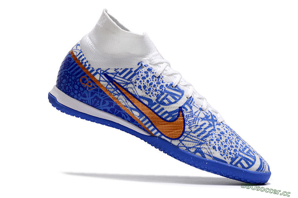 Men's Nike Air Zoom Mercurial Superfly 9 Elite IC Indoor & Futsal High-Tops Football Shoes - White/Blue/Gold 4