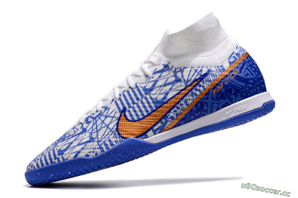 Men's Nike Air Zoom Mercurial Superfly 9 Elite IC Indoor & Futsal High-Tops Football Shoes - White/Blue/Gold 5