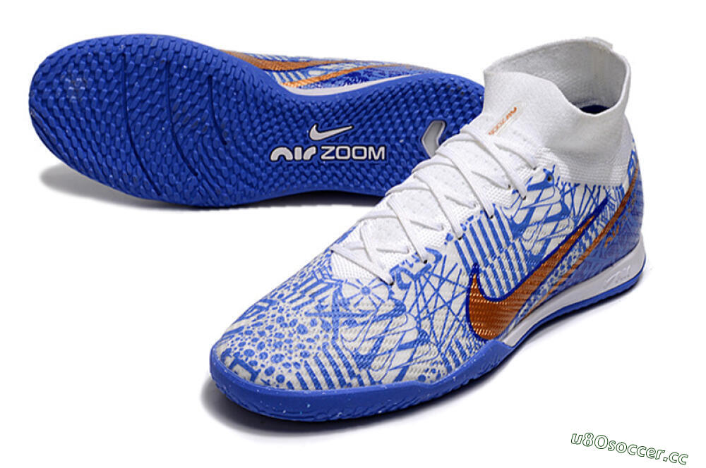 Men's Nike Air Zoom Mercurial Superfly 9 Elite IC Indoor & Futsal High-Tops Football Shoes - White/Blue/Gold 3