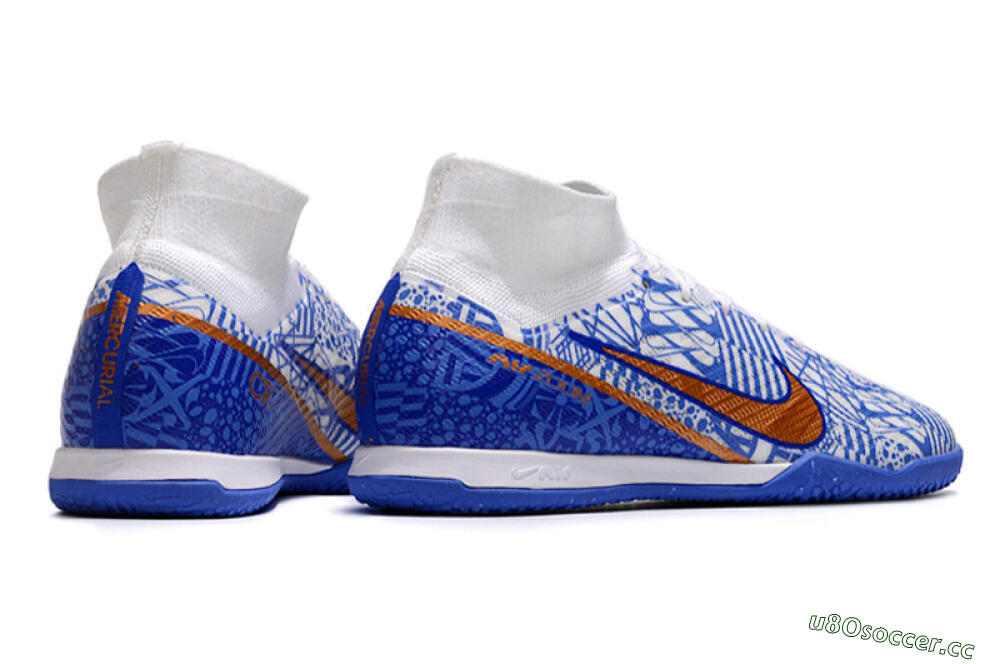 Men's Nike Air Zoom Mercurial Superfly 9 Elite IC Indoor & Futsal High-Tops Football Shoes - White/Blue/Gold 6