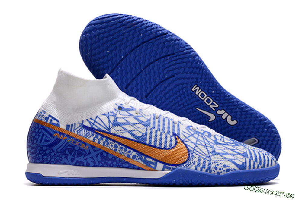 Men's Nike Air Zoom Mercurial Superfly 9 Elite IC Indoor & Futsal High-Tops Football Shoes - White/Blue/Gold 2
