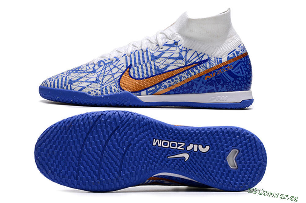 Men's Nike Air Zoom Mercurial Superfly 9 Elite IC Indoor & Futsal High-Tops Football Shoes - White/Blue/Gold 1